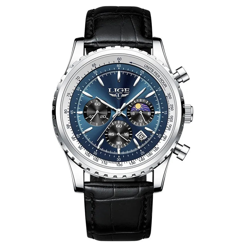 LIGE Luxury Men’s Leather Quartz Sports Watch – Waterproof, Top Brand with Gift Box