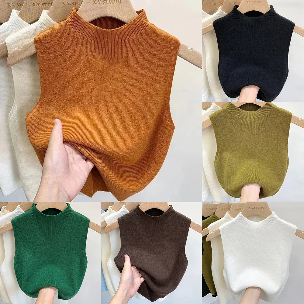 Women's Knitted Sleeveless Tank Top – Solid Color Cropped Camisole with Half-Turtleneck