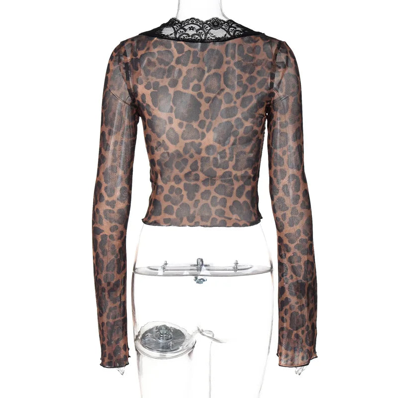 Women's Leopard Mesh Lace Crop Top – Y2K Deep V-Neck Long Sleeve Blouse