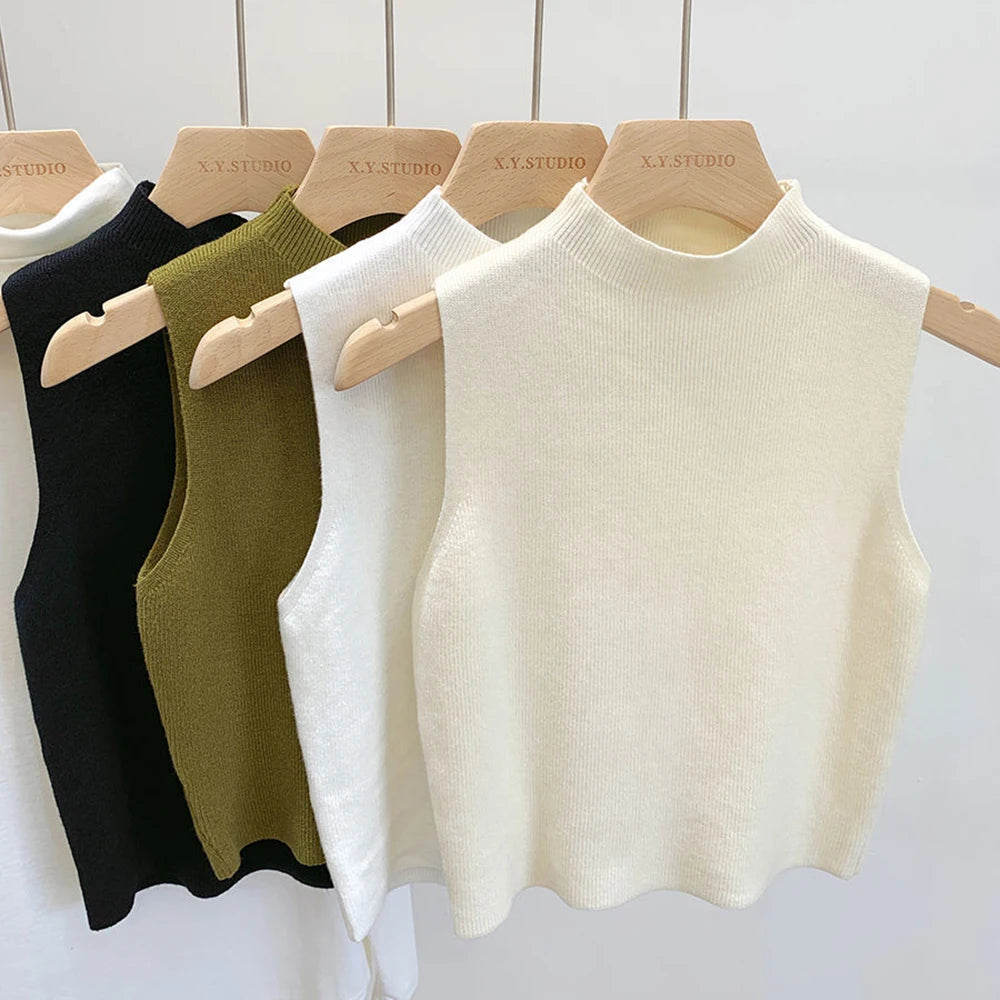 Women's Knitted Sleeveless Tank Top – Solid Color Cropped Camisole with Half-Turtleneck
