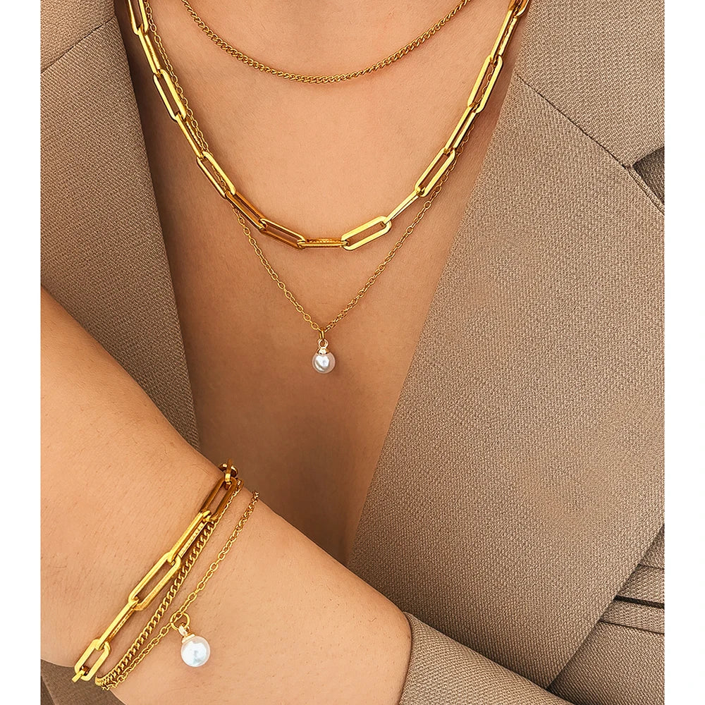Elegant Pearl Pendant Jewelry Set – Stainless Steel, Multi-Layer Chain for Women