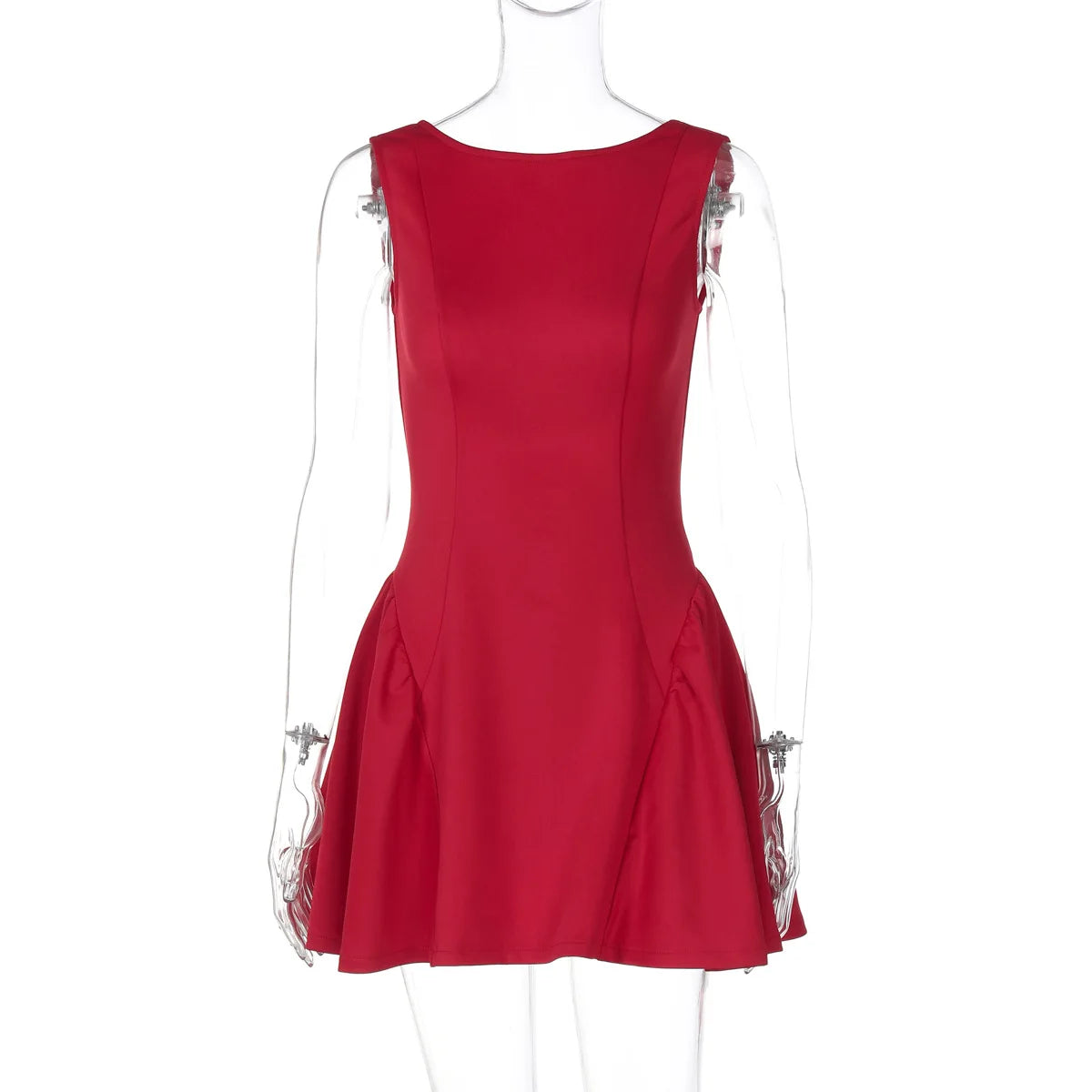 Women's Red A-Line Party Dress – Backless, Sleeveless Mini with High Waist & Ruched Detail
