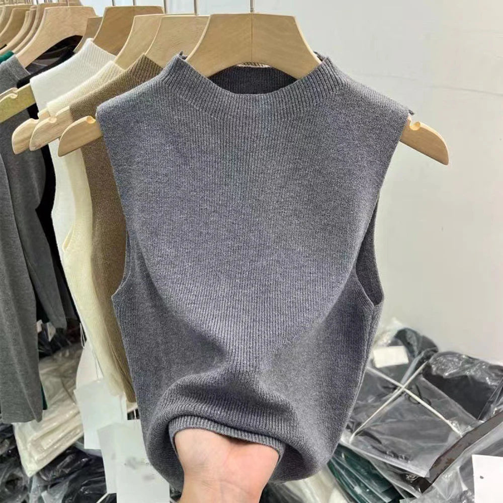 Women's Knitted Sleeveless Tank Top – Solid Color Cropped Camisole with Half-Turtleneck
