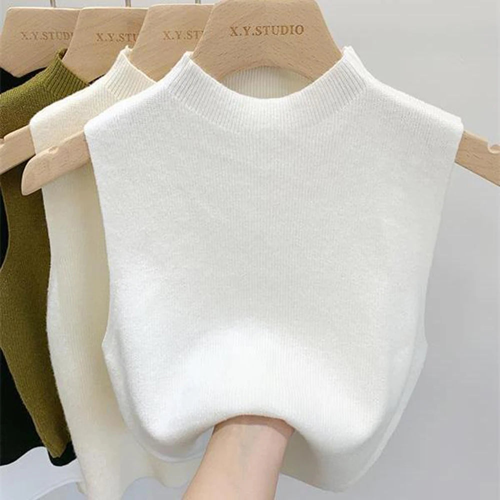 Women's Knitted Sleeveless Tank Top – Solid Color Cropped Camisole with Half-Turtleneck