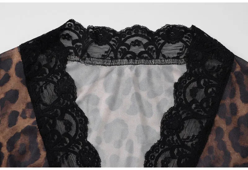 Women's Leopard Mesh Lace Crop Top – Y2K Deep V-Neck Long Sleeve Blouse