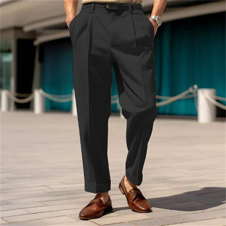Men's Formal Straight-Leg Trousers – Mid-Waist, Buttoned, Comfortable for Daily & Outdoor Wear