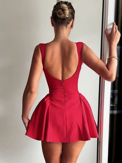 Women's Red A-Line Party Dress – Backless, Sleeveless Mini with High Waist & Ruched Detail
