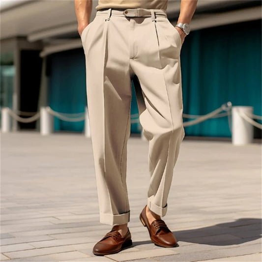 Men's Formal Straight-Leg Trousers – Mid-Waist, Buttoned, Comfortable for Daily & Outdoor Wear