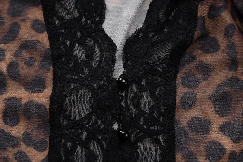 Women's Leopard Mesh Lace Crop Top – Y2K Deep V-Neck Long Sleeve Blouse