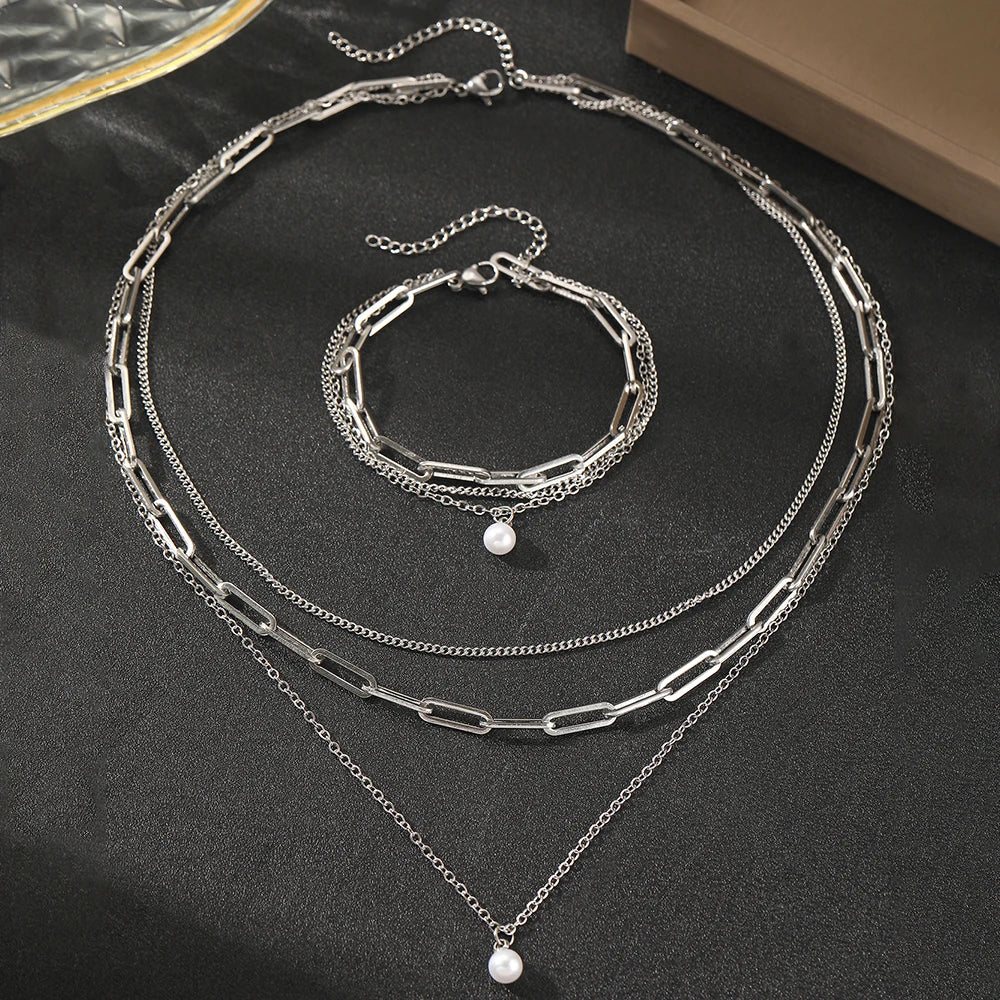 Elegant Pearl Pendant Jewelry Set – Stainless Steel, Multi-Layer Chain for Women