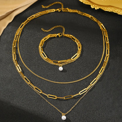 Elegant Pearl Pendant Jewelry Set – Stainless Steel, Multi-Layer Chain for Women