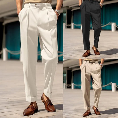 Men's Formal Straight-Leg Trousers – Mid-Waist, Buttoned, Comfortable for Daily & Outdoor Wear