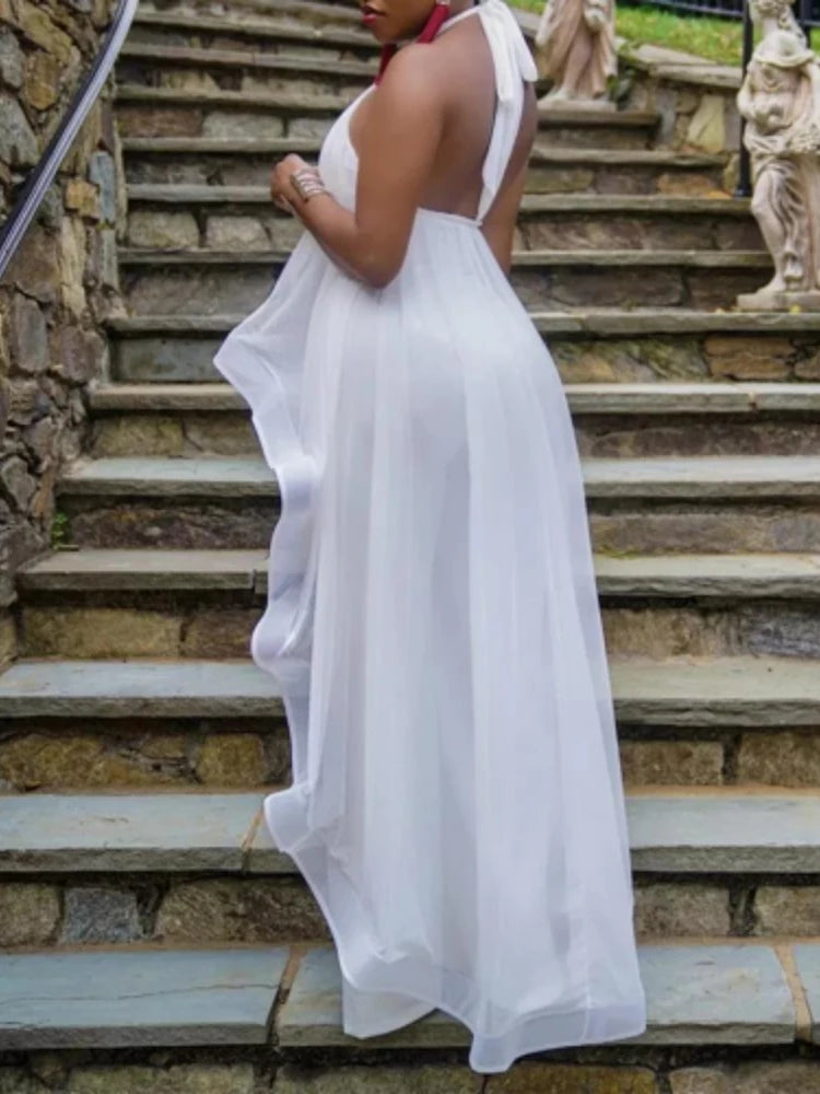Women's White Summer Pant Set – Backless Chiffon Blouse & Wide-Leg Trousers, Elegant 2-Piece Outfit