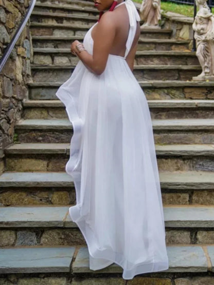 Women's White Summer Pant Set – Backless Chiffon Blouse & Wide-Leg Trousers, Elegant 2-Piece Outfit