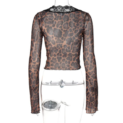 Women's Leopard Mesh Lace Crop Top – Y2K Deep V-Neck Long Sleeve Blouse
