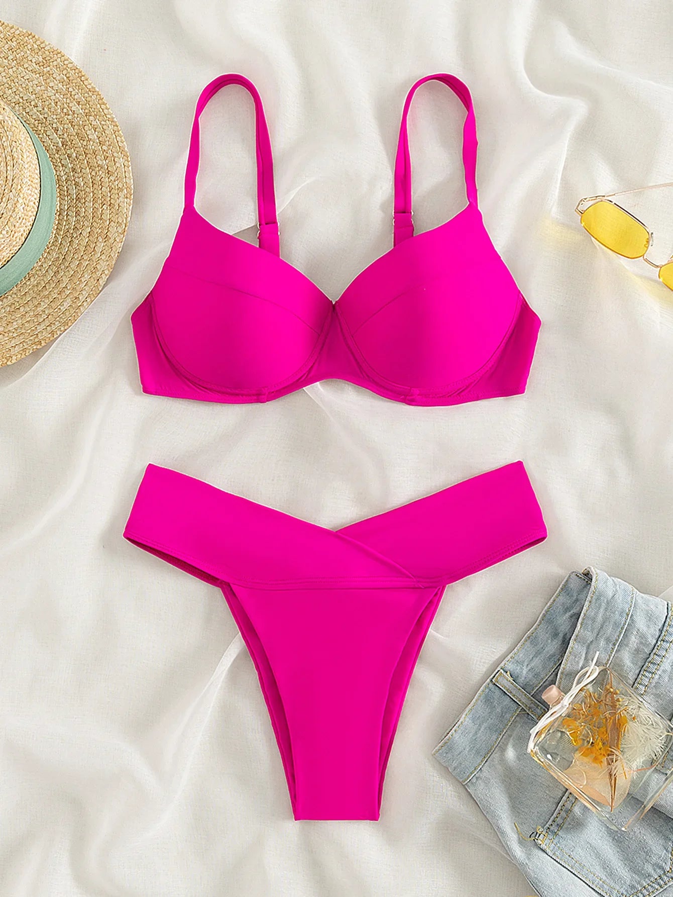 2025 Beachwear Women's Hot Pink High-Waist Bikini Set.