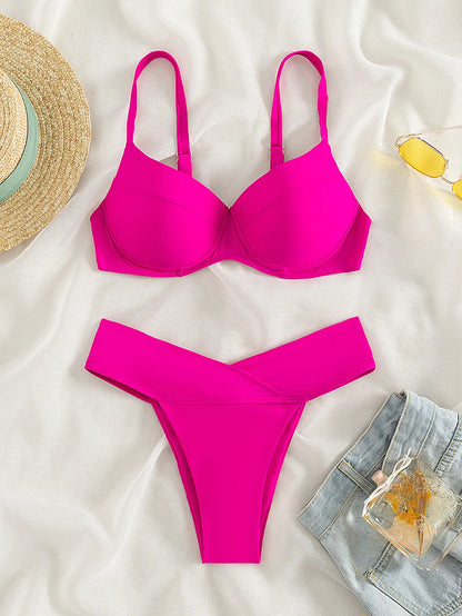 2025 Beachwear Women's Hot Pink High-Waist Bikini Set.