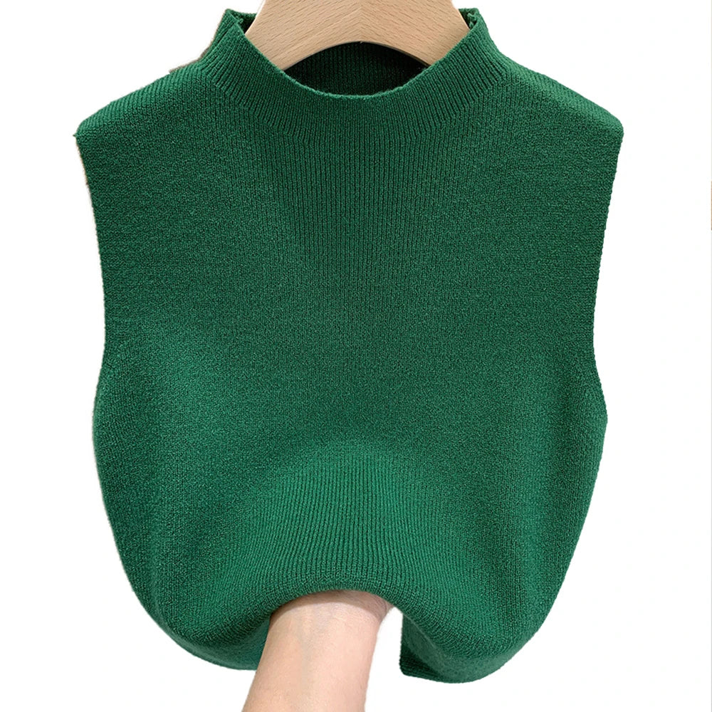 Women's Knitted Sleeveless Tank Top – Solid Color Cropped Camisole with Half-Turtleneck