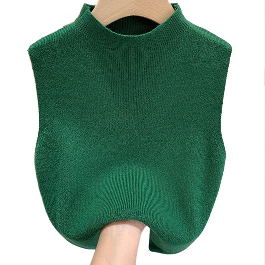 Women's Knitted Sleeveless Tank Top – Solid Color Cropped Camisole with Half-Turtleneck