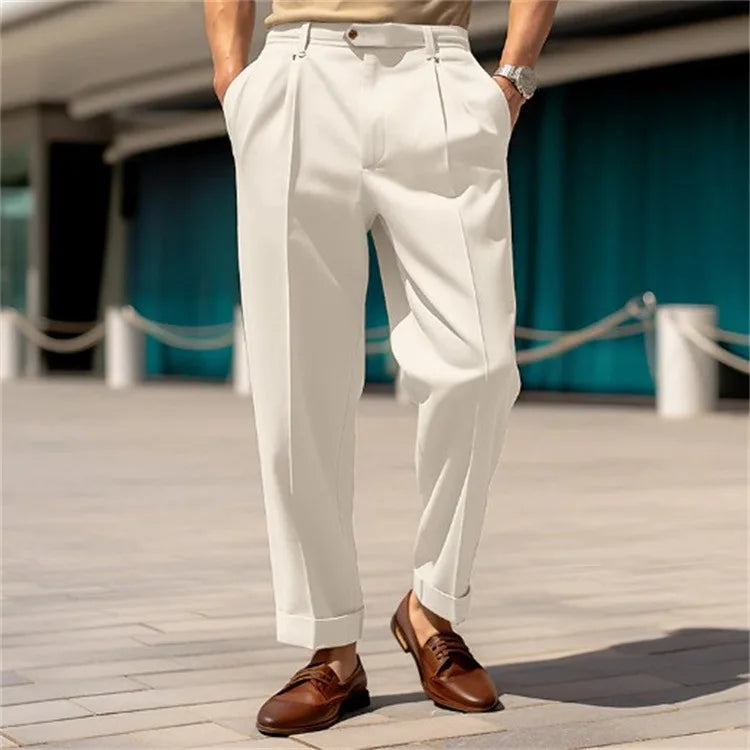 Men's Formal Straight-Leg Trousers – Mid-Waist, Buttoned, Comfortable for Daily & Outdoor Wear