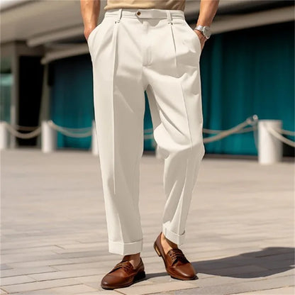 Men's Formal Straight-Leg Trousers – Mid-Waist, Buttoned, Comfortable for Daily & Outdoor Wear