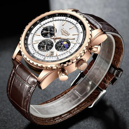 LIGE Luxury Men’s Leather Quartz Sports Watch – Waterproof, Top Brand with Gift Box
