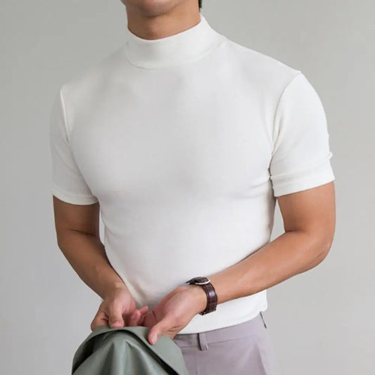 Men's Summer Fitness T-Shirt – Short Sleeve High Collar Basic Tee