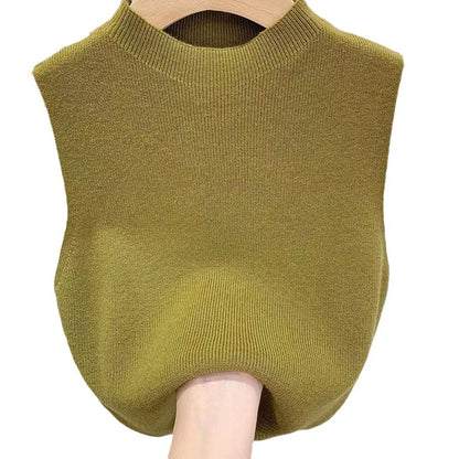 Women's Knitted Sleeveless Tank Top – Solid Color Cropped Camisole with Half-Turtleneck