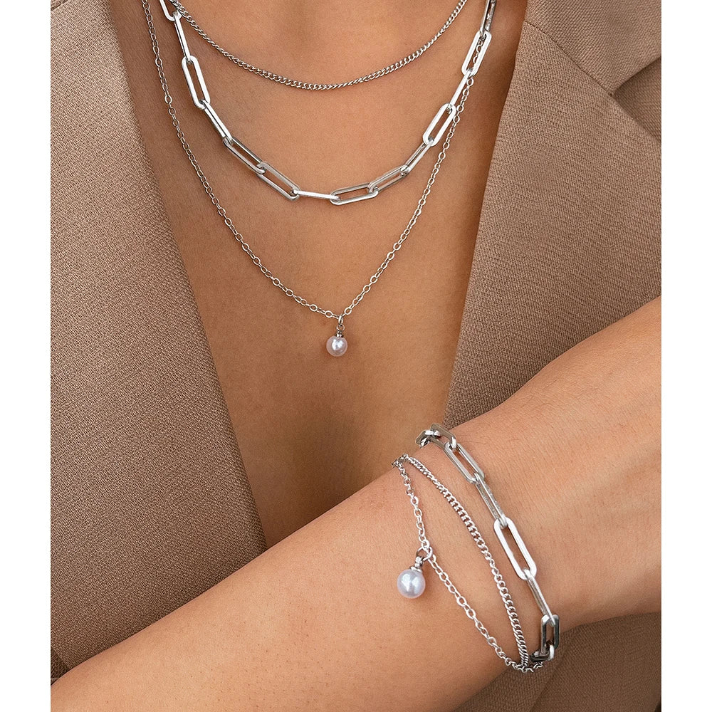Elegant Pearl Pendant Jewelry Set – Stainless Steel, Multi-Layer Chain for Women
