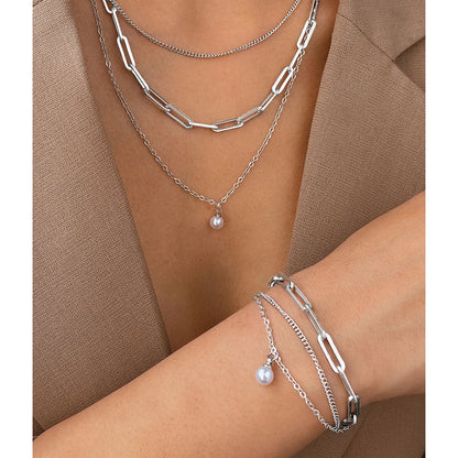 Elegant Pearl Pendant Jewelry Set – Stainless Steel, Multi-Layer Chain for Women