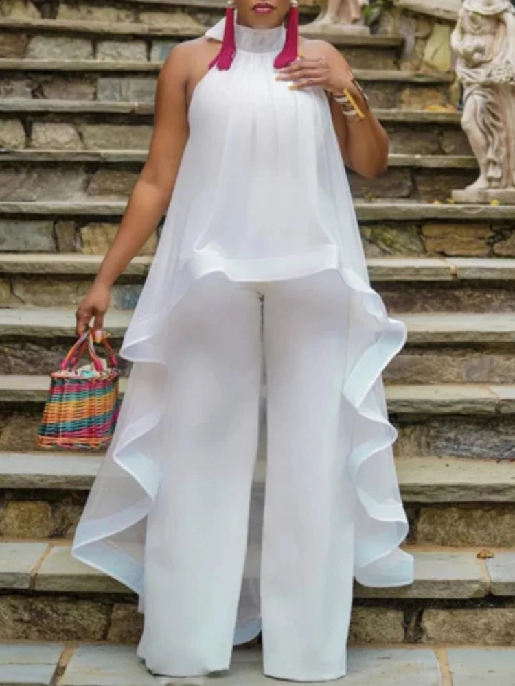 Women's White Summer Pant Set – Backless Chiffon Blouse & Wide-Leg Trousers, Elegant 2-Piece Outfit