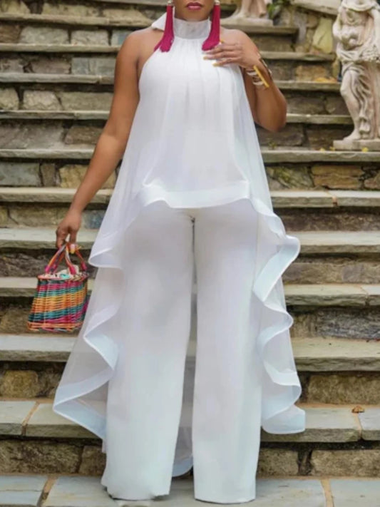 Women's White Summer Pant Set – Backless Chiffon Blouse & Wide-Leg Trousers, Elegant 2-Piece Outfit