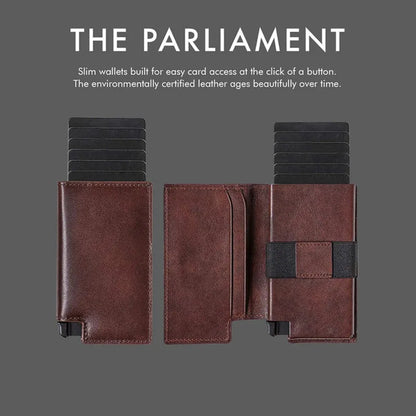 Men's Genuine Leather Minimalist Card Holder Wallet with Aluminum Case & Auto Pop-Up Design