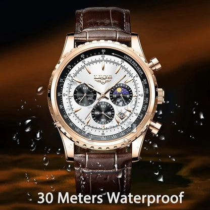 LIGE Luxury Men’s Leather Quartz Sports Watch – Waterproof, Top Brand with Gift Box