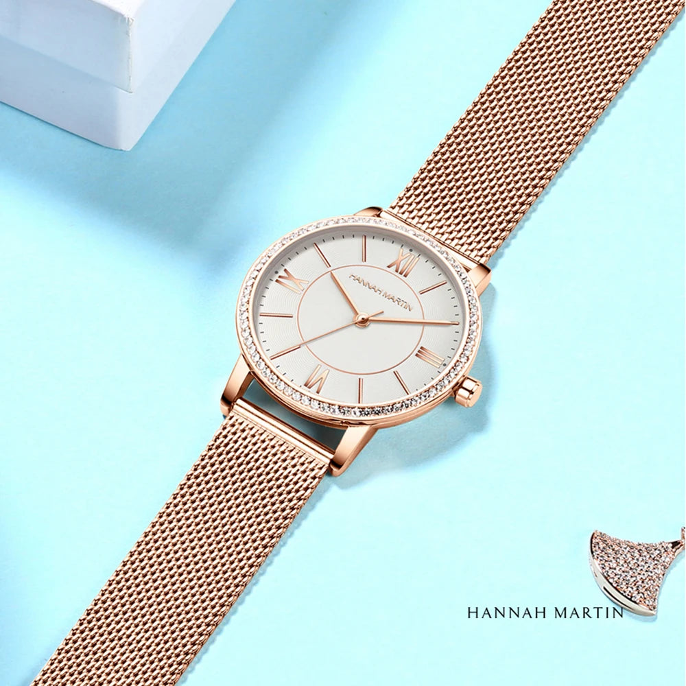 Luxury Women's Watch – British Designer, Japanese Movement, Leather Strap & Rhinestones
