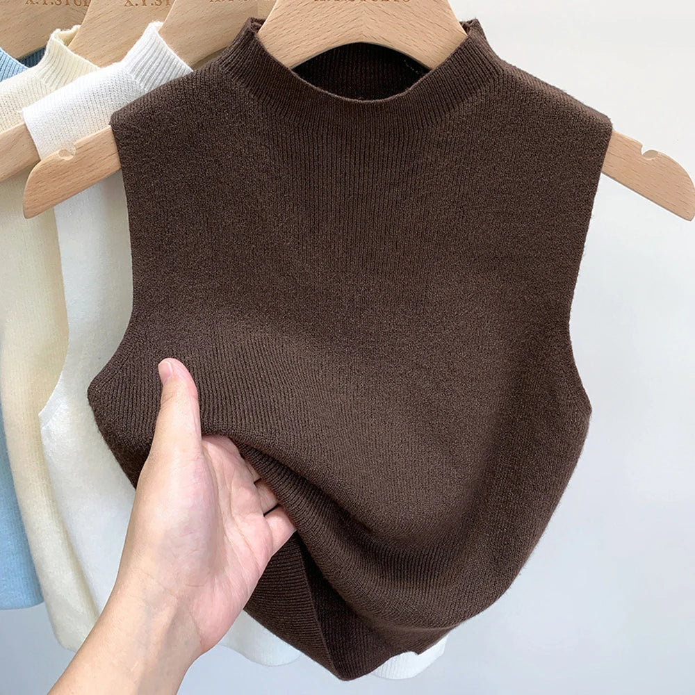 Women's Knitted Sleeveless Tank Top – Solid Color Cropped Camisole with Half-Turtleneck