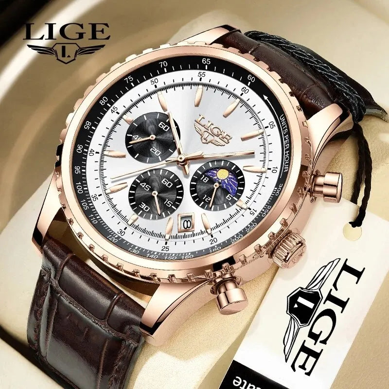 LIGE Luxury Men’s Leather Quartz Sports Watch – Waterproof, Top Brand with Gift Box