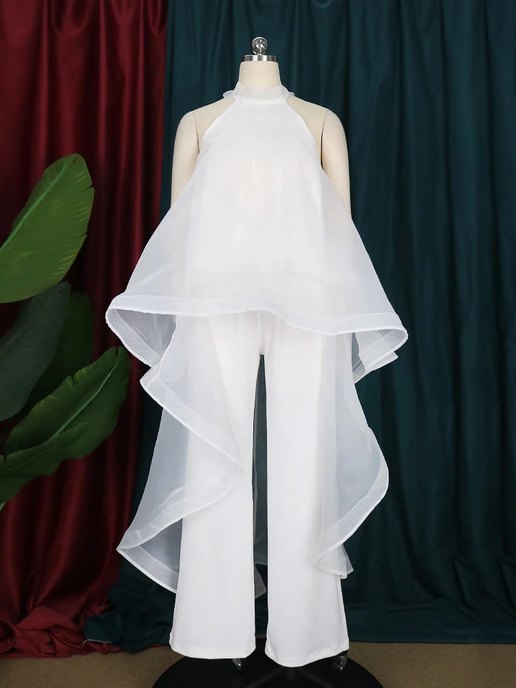 Women's White Summer Pant Set – Backless Chiffon Blouse & Wide-Leg Trousers, Elegant 2-Piece Outfit