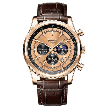 LIGE Luxury Men’s Leather Quartz Sports Watch – Waterproof, Top Brand with Gift Box