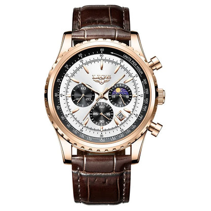 LIGE Luxury Men’s Leather Quartz Sports Watch – Waterproof, Top Brand with Gift Box