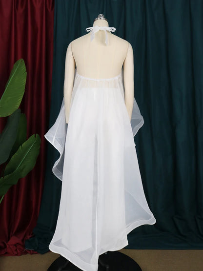 Women's White Summer Pant Set – Backless Chiffon Blouse & Wide-Leg Trousers, Elegant 2-Piece Outfit