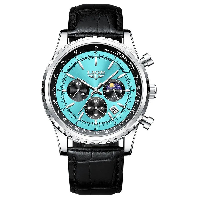 LIGE Luxury Men’s Leather Quartz Sports Watch – Waterproof, Top Brand with Gift Box