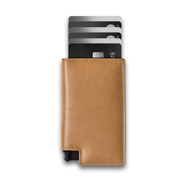 Men's Genuine Leather Minimalist Card Holder Wallet with Aluminum Case & Auto Pop-Up Design