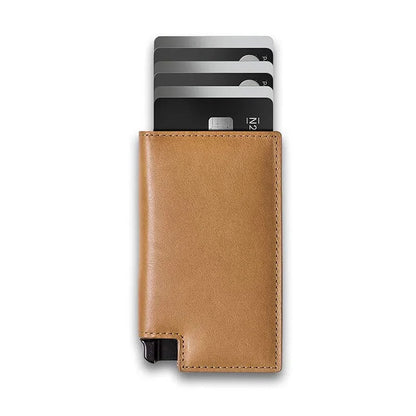 Men's Genuine Leather Minimalist Card Holder Wallet with Aluminum Case & Auto Pop-Up Design