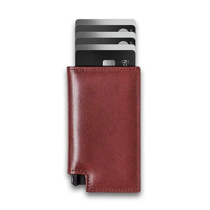 Men's Genuine Leather Minimalist Card Holder Wallet with Aluminum Case & Auto Pop-Up Design