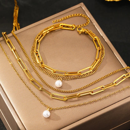 Elegant Pearl Pendant Jewelry Set – Stainless Steel, Multi-Layer Chain for Women