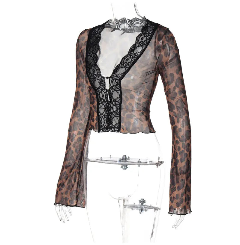 Women's Leopard Mesh Lace Crop Top – Y2K Deep V-Neck Long Sleeve Blouse