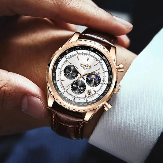 LIGE Luxury Men’s Leather Quartz Sports Watch – Waterproof, Top Brand with Gift Box