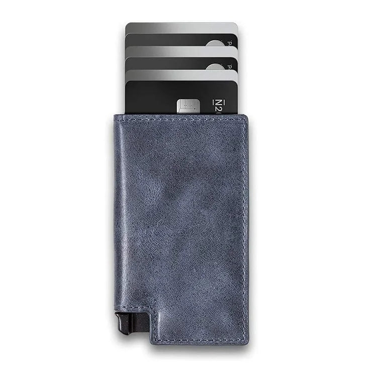 Men's Genuine Leather Minimalist Card Holder Wallet with Aluminum Case & Auto Pop-Up Design