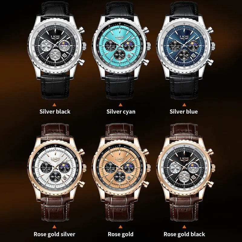 LIGE Luxury Men’s Leather Quartz Sports Watch – Waterproof, Top Brand with Gift Box